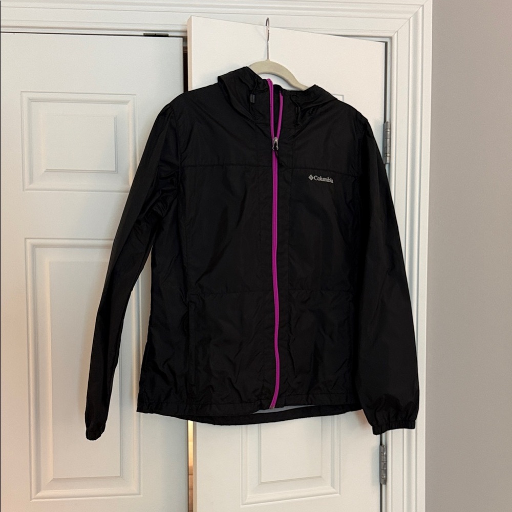Columbia women’s Black Raincoat with purple zipper